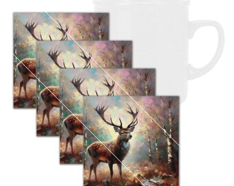 Wilde Tiere, Rehe im Wald Gehärtetes Glas-Untersetzer-Set mit Gummifüßen, 4 in x 4 in, 4er Set