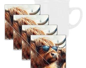 Lustige Highland Kuh mit Sonnenbrille gehärtetes Glas-Untersetzer-Set mit Gummifüßen, 4 in x 4 in, 4er Set