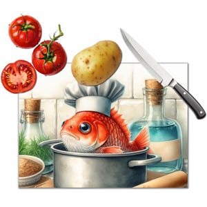 Könnte beinhalten: Eine skurrile Illustration eines roten Goldfischs mit Kochmütze in einem Kochtopf. Tomaten, eine Kartoffel, ein Messer und Flaschen mit Zutaten umgeben den Fisch. Das Bild hat einen cartoonartigen Stil und ein spielerisches Thema.