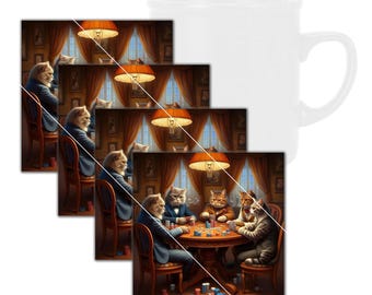 Lustig, Katzen spielen Poker Square Untersetzer aus gehärtetem Glas mit Gummifüßen, 4 in x 4 in, 4er Set