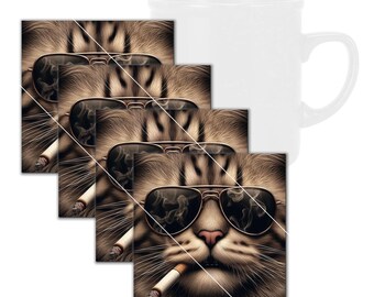 Lustig, Rebell Katze rauchende quadratische Untersetzer aus gehärtetem Glas mit Gummifüßen, 4 in x 4 in, 4er Set