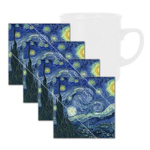 May include: A white ceramic mug with a handle stands beside four square coasters. The coasters display Van Gogh's "Starry Night" painting, with swirling blue, yellow, and white brushstrokes, a classic artwork.