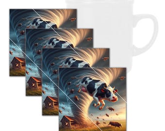 Lustige fliegende Kuh, gefangen in einem quadratischen Tornado-Untersetzer aus gehärtetem Glas mit Gummifüßen, 4 in x 4 in, 4er-Set