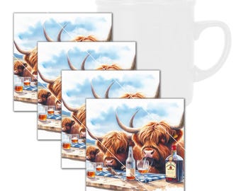 Lustige Highland Kühe, die Alkohol trinken, gehärtetes Glas-Untersetzer-Set mit Gummifüßen, 4 in x 4 in, 4er-Set