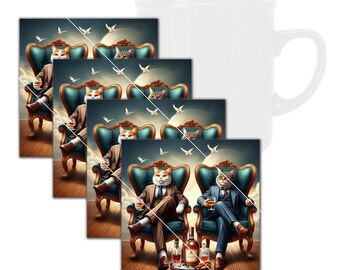 Lustiges, raffiniertes Katzen, die Brandy schlürfen, quadratisches Untersetzer-Set aus gehärtetem Glas mit Gummifüßen, 4 in x 4 in, 4er-Set