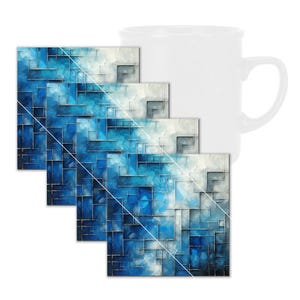 May include: A white ceramic mug with a curved handle is shown with four square coasters. The coasters have a blue and white abstract design with a geometric pattern. The coasters are arranged in a staggered formation.