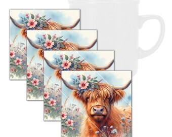 Highland Kuh mit Blumen-Untersetzer-Set aus gehärtetem Glas mit Gummifüßen, 4 in x 4 in, 4er Set