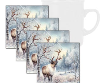 Wilde Tiere, Elch Quadratisches gehärtetes Glas-Untersetzer-Set mit Gummifüßen, 4 in x 4 in, 4er-Set