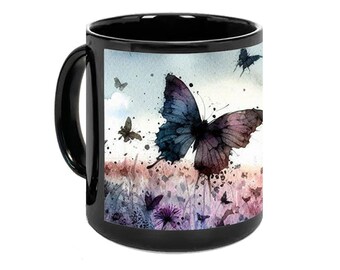 Kaffeetasse aus Keramik mit Schmetterlingswiesen-Aquarellmotiv in Blau, Orange und Schwarz, originelles Geschenk für Teeliebhaber