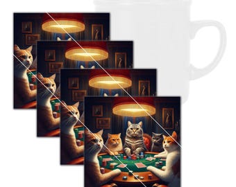 Lustig, Katzen spielen Poker Square Untersetzer aus gehärtetem Glas mit Gummifüßen, 4 in x 4 in, 4er Set