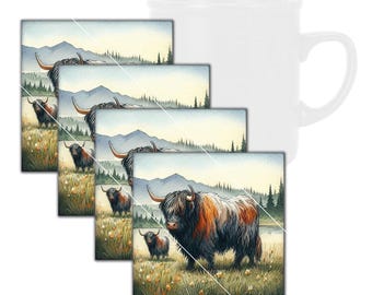 Tiere vom Bauernhof, Highland Kuh in den Prärien Quadratisches Untersetzer-Set aus gehärtetem Glas mit Gummifüßen, 4 in x 4 in, 4er Set