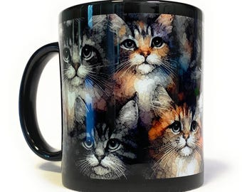Niedliche, flauschige Katzen auf Aquarellmuster, bunte schwarze Keramik-Kaffeetasse, originelles Teegeschenk