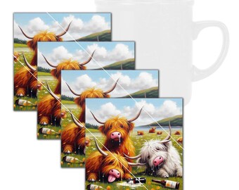 Lustiges Highland Kühe trinkendes quadratisches Untersetzer-Set aus gehärtetem Glas mit Gummifüßen, 4 in x 4 in, 4er-Set