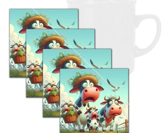 Lustige Kühe, die in Schock und Unglauben stehen Quadratisches Untersetzer-Set aus gehärtetem Glas mit Gummifüßen, 4 in x 4 in, 4er-Set