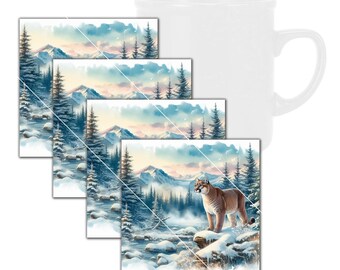 Wilde Tiere, Puma, Berglöwe am Fluss Quadratischen Untersetzer aus gehärtetem Glas mit Gummifüßen, 4 in x 4 in, 4er Set