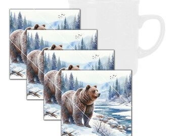 Wilde Tiere, Braunbär-Quadrat-Untersetzer aus gehärtetem Glas mit Gummifüßen, 4 in x 4 in, 4er-Set