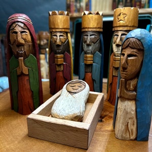 Nativity Set, Hand carved Tres Reyes Magos Three wise men 6 Tall and Mary, Joseph and baby Jesus in cedar wood. image 4