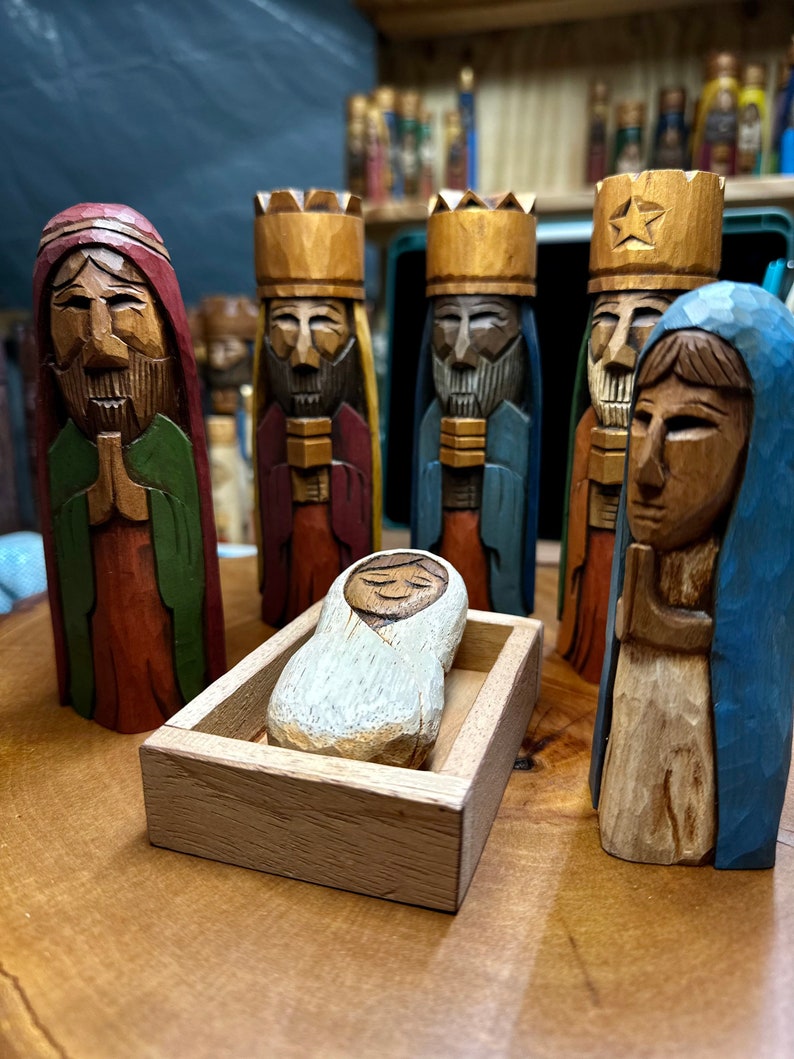 Nativity Set, Hand carved Tres Reyes Magos Three wise men 6 Tall and Mary, Joseph and baby Jesus in cedar wood. image 4