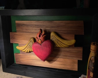 Sagrado Corazon (Winged Sacred heart) in wood frame.