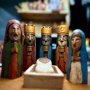 Nativity Set, Hand carved Tres Reyes Magos Three wise men 6 Tall and Mary, Joseph and baby Jesus in cedar wood. image 1