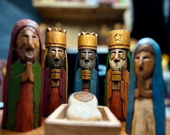 Nativity Set, Hand carved Tres Reyes Magos (Three wise men) 6" Tall and Mary, Joseph and baby Jesus in cedar wood.