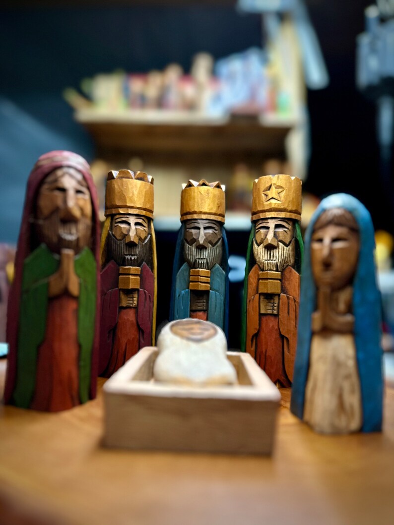 Nativity Set, Hand carved Tres Reyes Magos Three wise men 6 Tall and Mary, Joseph and baby Jesus in cedar wood. image 1