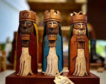 Tres Reyes Magos (Three wise men) hand carved 8" Tall