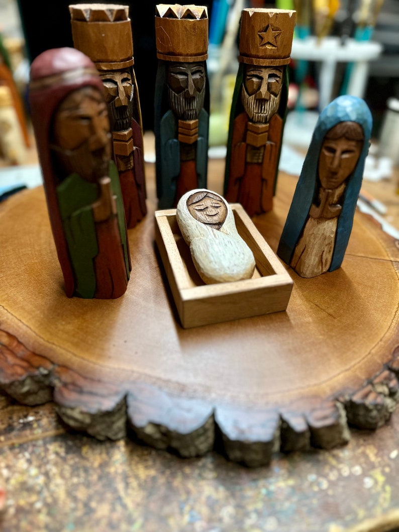 Nativity Set, Hand carved Tres Reyes Magos Three wise men 6 Tall and Mary, Joseph and baby Jesus in cedar wood. image 8