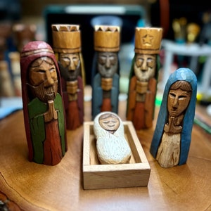 Nativity Set, Hand carved Tres Reyes Magos Three wise men 6 Tall and Mary, Joseph and baby Jesus in cedar wood. image 2