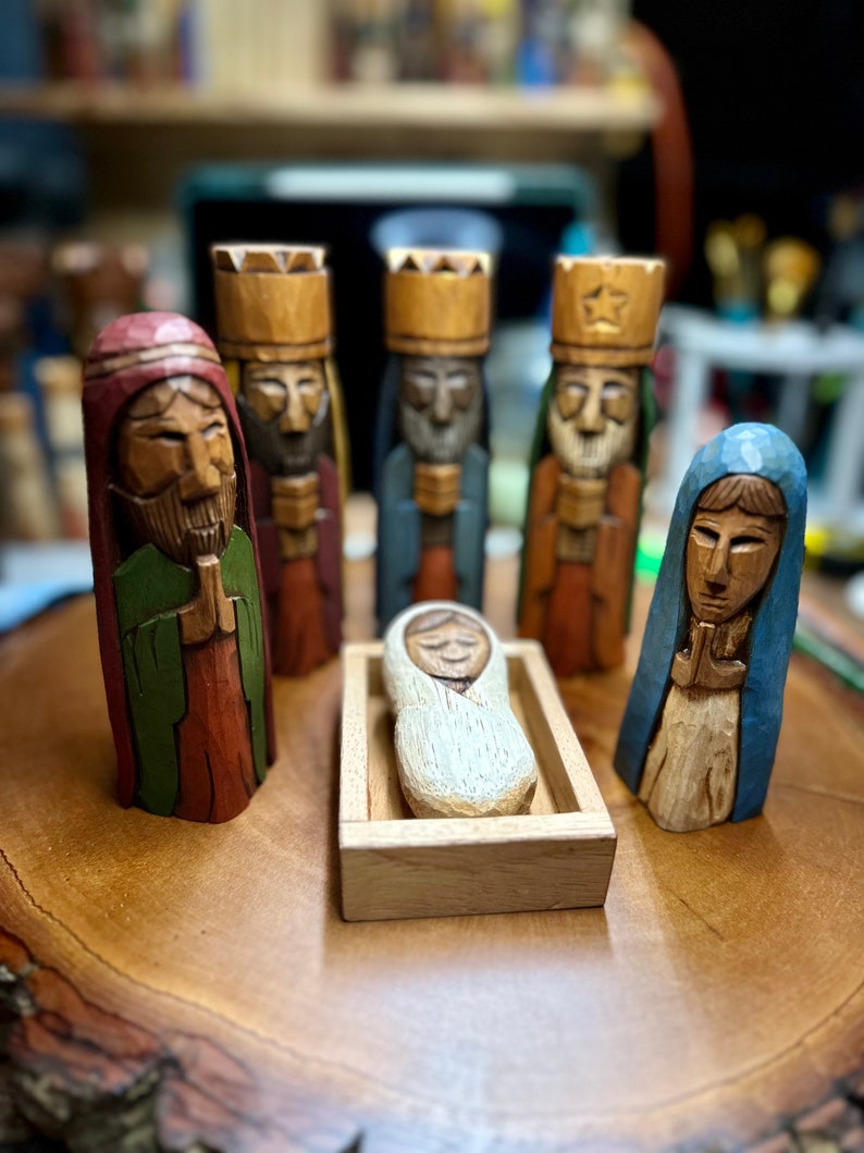 Nativity Set, Hand carved Tres Reyes Magos Three wise men 6 Tall and Mary, Joseph and baby Jesus in cedar wood. image 2
