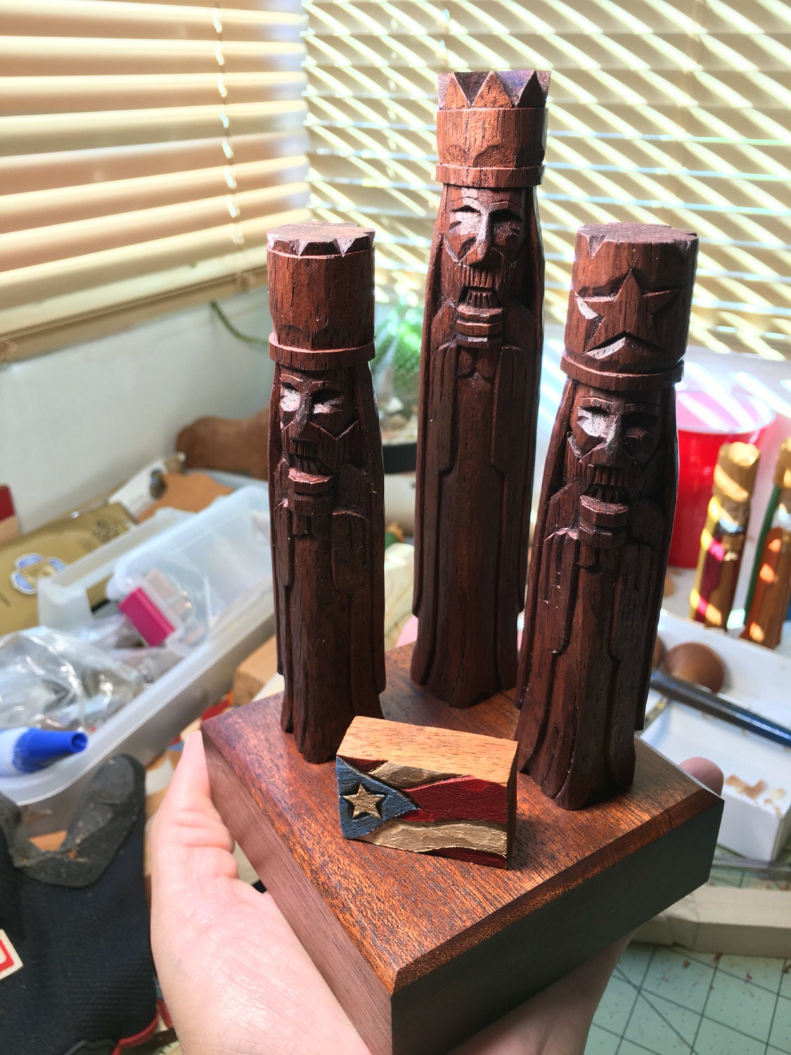 Hand Carved Three Kings - Cedar Wood with Puerto Rico Flag