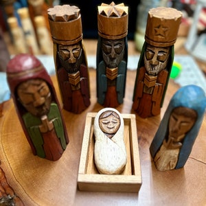 Nativity Set, Hand carved Tres Reyes Magos Three wise men 6 Tall and Mary, Joseph and baby Jesus in cedar wood. image 7