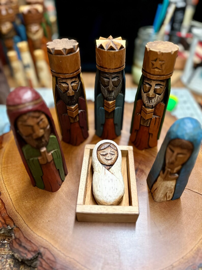 Nativity Set, Hand carved Tres Reyes Magos Three wise men 6 Tall and Mary, Joseph and baby Jesus in cedar wood. image 7