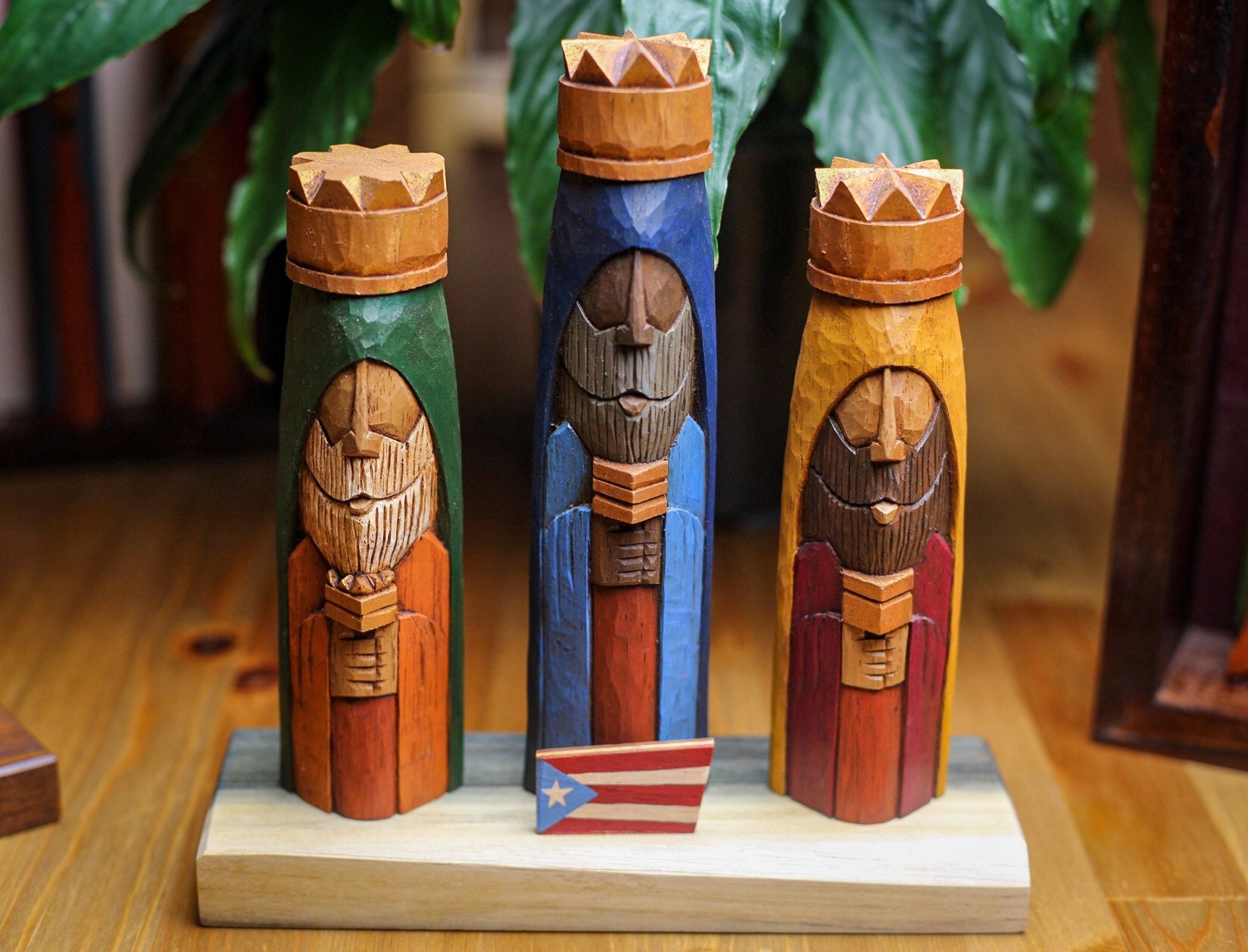 Hand Carved Cedar Wood Three Wise Men with Puerto Rico Flag