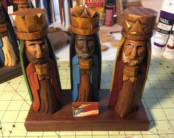 Hand Carved Cedar Wood Three Wise Men - 6" Tall