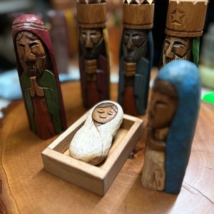 Nativity Set, Hand carved Tres Reyes Magos Three wise men 6 Tall and Mary, Joseph and baby Jesus in cedar wood. image 6