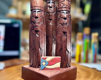 Tres Reyes Magos (Three wise men) hand carved 7" Tall with the Puerto Rico Flag on front