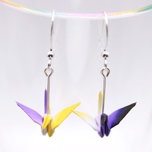 Non Binary Pride Earrings.Origami Crane Earrings.Non Binary Flag.Pride Gift.LGBTQ+ Gift.Asymmetric Earrings.Enby Gifts.Enby Earrings