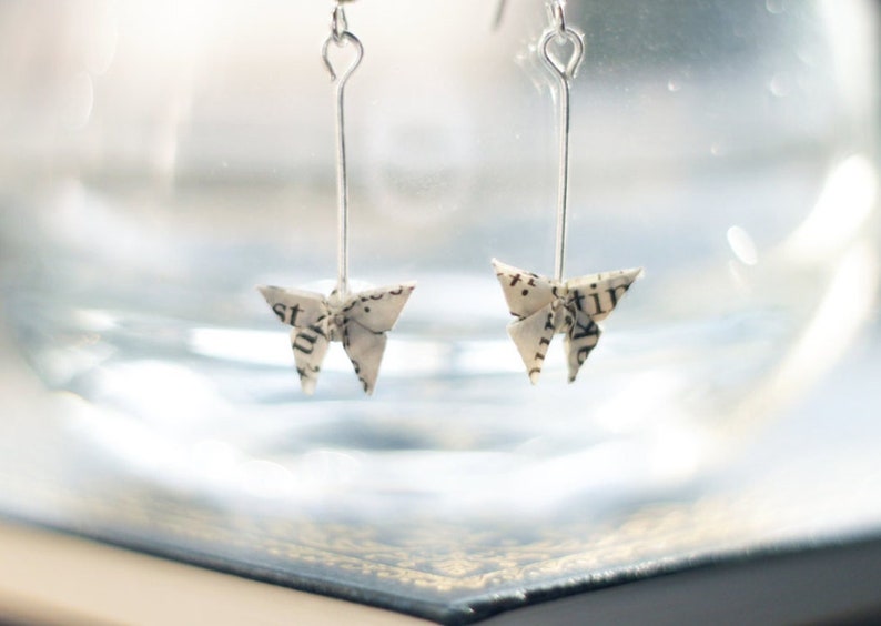 Book Page Earrings.Origami Butterfly Earrings.Literary Gifts.First Anniversary Gift.Teacher Gift.Book Lover.Mothers Day Gift.Light Academia image 1