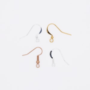Examples of the variations of finishes available for the earring hooks. The options are silver plated, gold plated, rose gold plated or sterling silver.