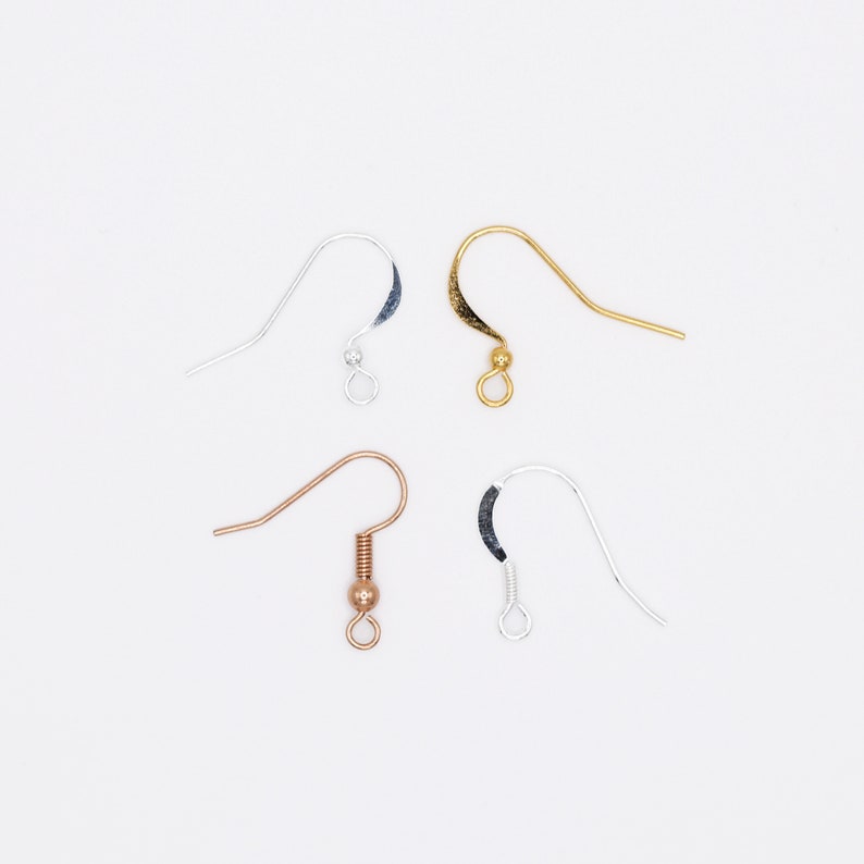 Examples of the variations of finishes available for the earring hooks. The options are silver plated, gold plated, rose gold plated or sterling silver.