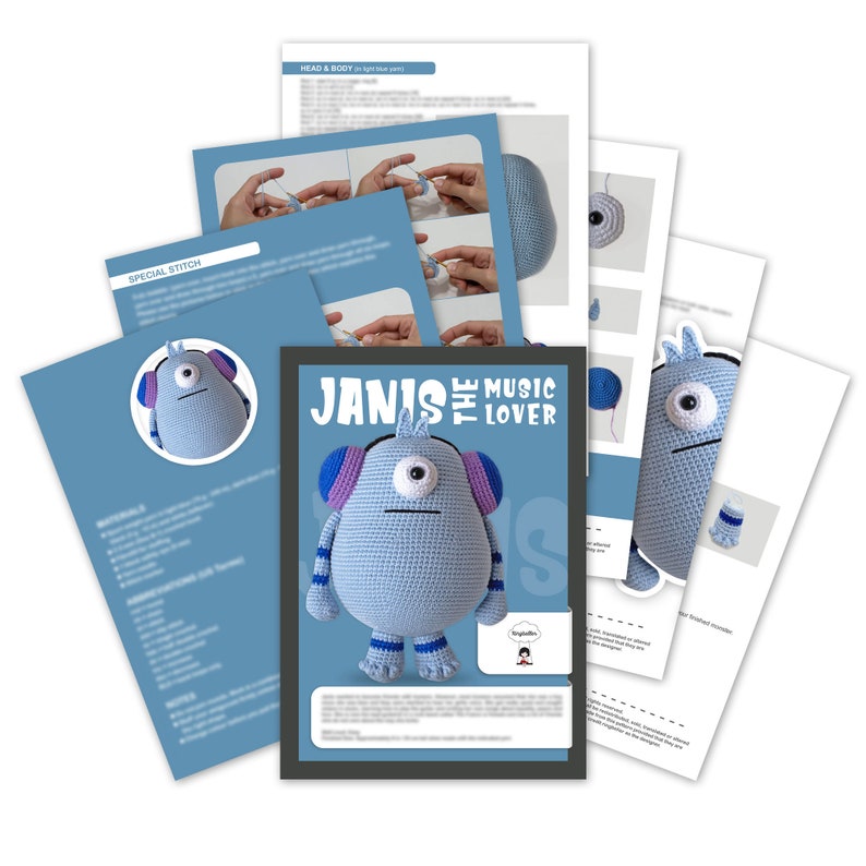 May include: A crochet pattern for a blue monster named Janis the Music Lover. The pattern includes instructions for making the monster's head, body, and accessories. The pattern is written in English.