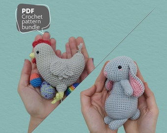 Amigurumi Pattern Bundle, 2 in 1 Crochet Pattern, Crochet Chicken and Crochet Bunny Patterns, Set of 2 Patterns, PDF imprimable (US Terms)