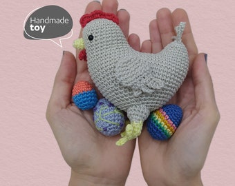 Handmade Crochet Chicken Toy with Easter Eggs, Crochet Easter Chick Decor, Cute Chicken Plush, Spring Chicken Plushie, Amigurumi Hen