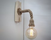 Wall light made from a rope and aged wood, wooden sconce, rustic light, lamp, lighting fixture, edison lamp, living room, dining room