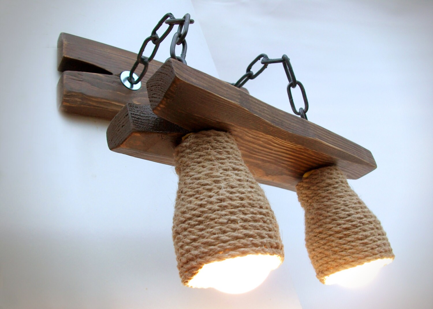 Wooden Wall Light With Metal Chains and Shades Made of Rope Etsy