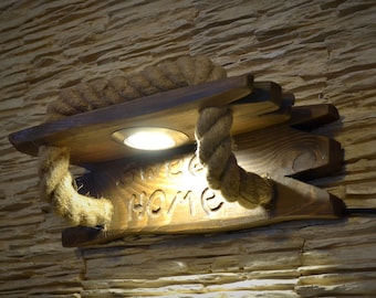 Sconce wooden, the wall light from a natural wood, LED light for wall, wooden wall lighting fixture with jute rope