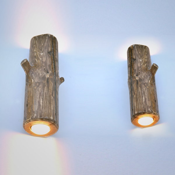 Set Wandleuchten aus Holz, Wandlampen aus Holz, Holzlampe, originale Holzbeleuchtung