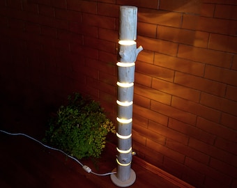 Wooden Floor Lamp is Made of Natural Log, Large Wooden Floor Lamp, Rustic Lighting, Living Room Lamp, White Wood, Wood Lamp, Log Lamp