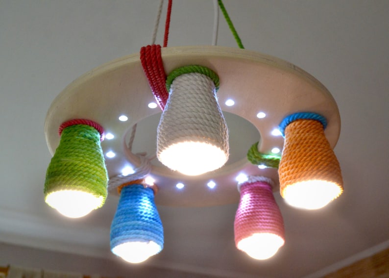 LED bulbs included Wooden chandelier for a child/'s room with color shades and LED dots